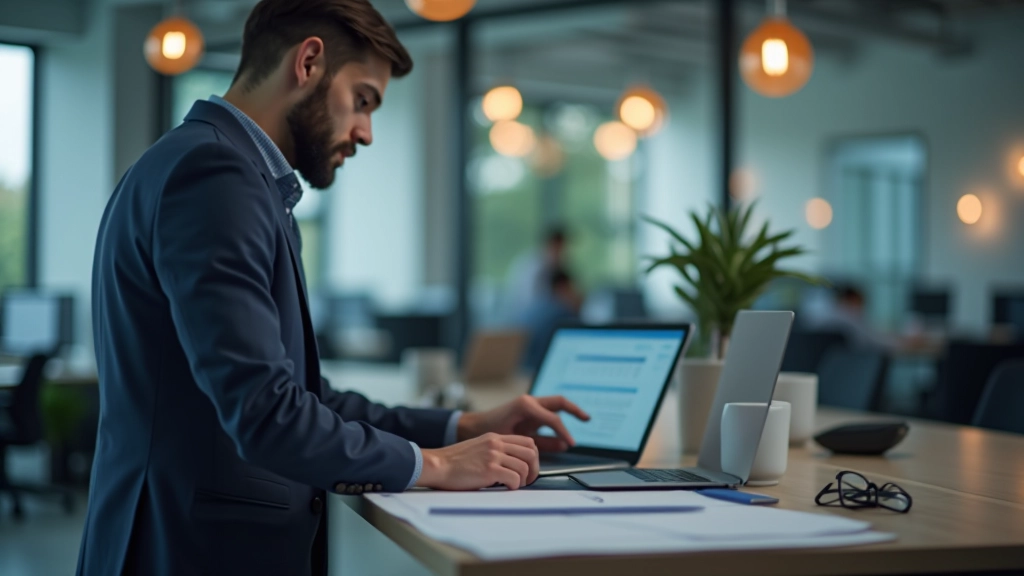 Accountant working with accounting software on laptop in modern office environment